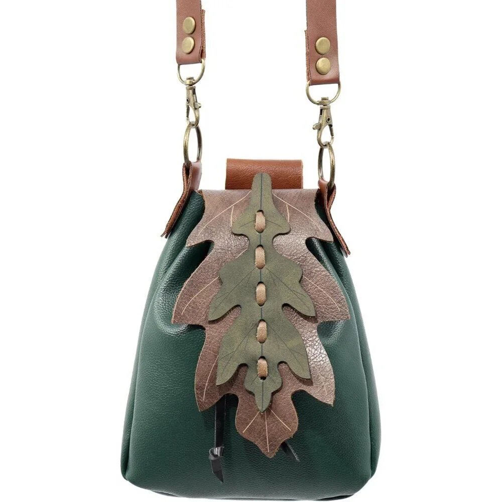 Renaissance Leaf Purse Faux Leather Medieval Belt Pouch Vintage ELF Accessory